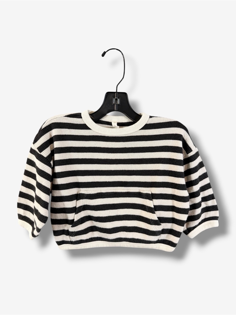 Quincy Mae Waffle Knit Sweater Top Black Cream Stripe Slouch Organic Cotton